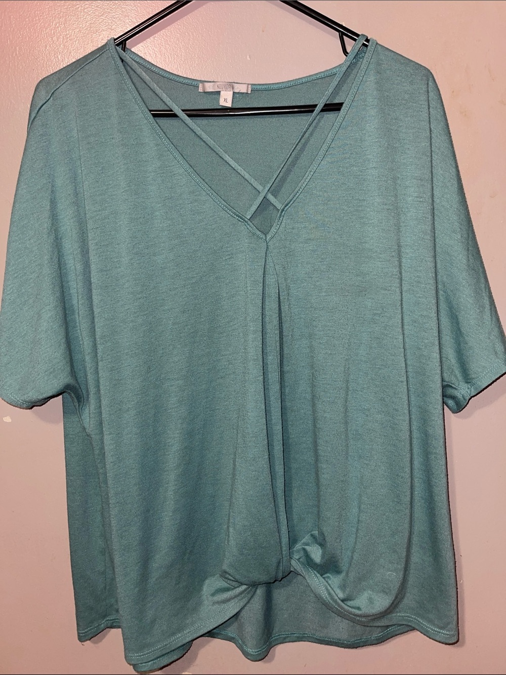 Relaxed Teal V-Neck Short Sleeve Top with Front Knot